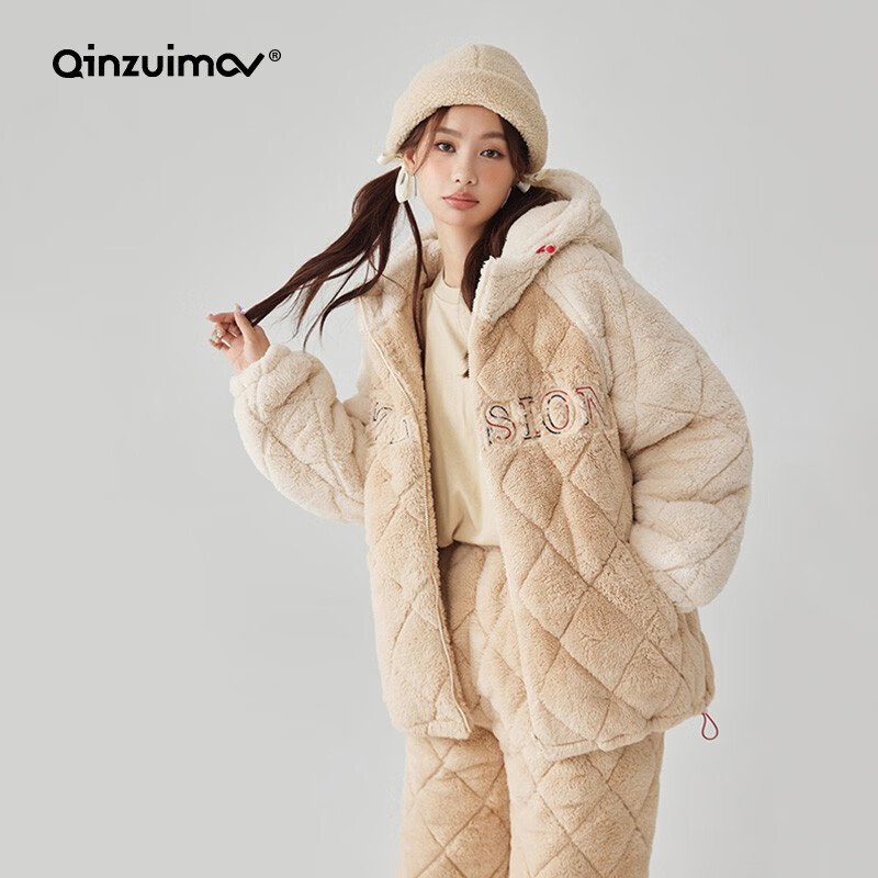 親嘴貓（QINZUIMAO）親嘴貓睡衣女冬季夾棉三層加絨加厚保暖珊瑚絨卡通女士家居服套裝 226245 M