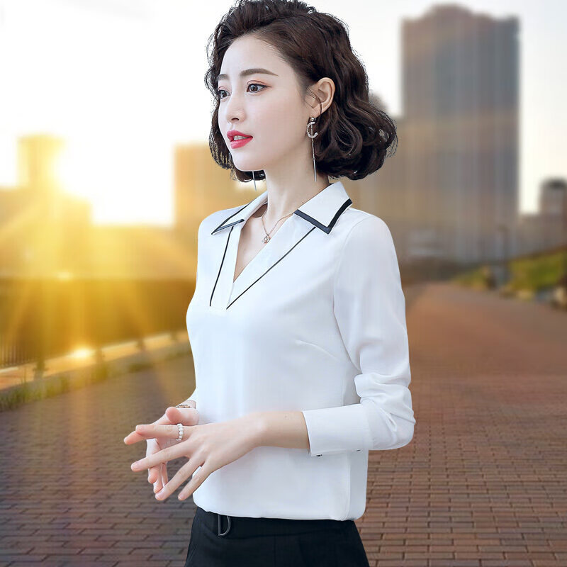 okkdey轻奢v领雪纺衬衫女长袖黑衬衣秋新款宽松洋气小衫打底女士上衣