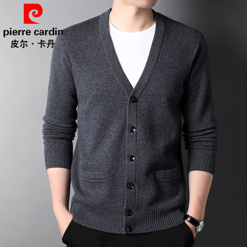 皮尔卡丹（pierre cardin）纯羊毛衫男v领100%羊毛针织开衫中年爸爸秋冬季厚款保暖毛衣外套 中灰 L /175