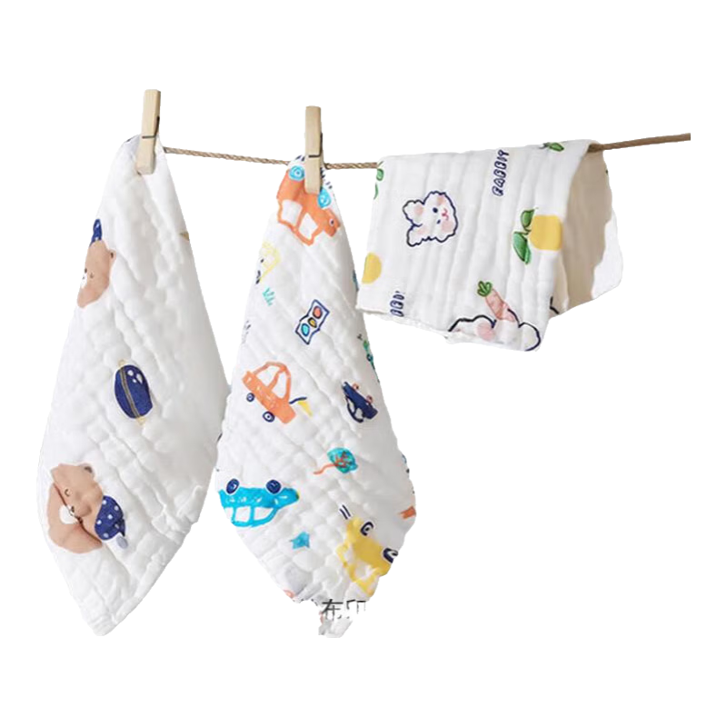 三利嬰兒純棉紗布小方巾a類寶寶兒童毛巾超軟口水巾洗臉毛巾 炫彩汽車+宇宙白熊(4層)2條