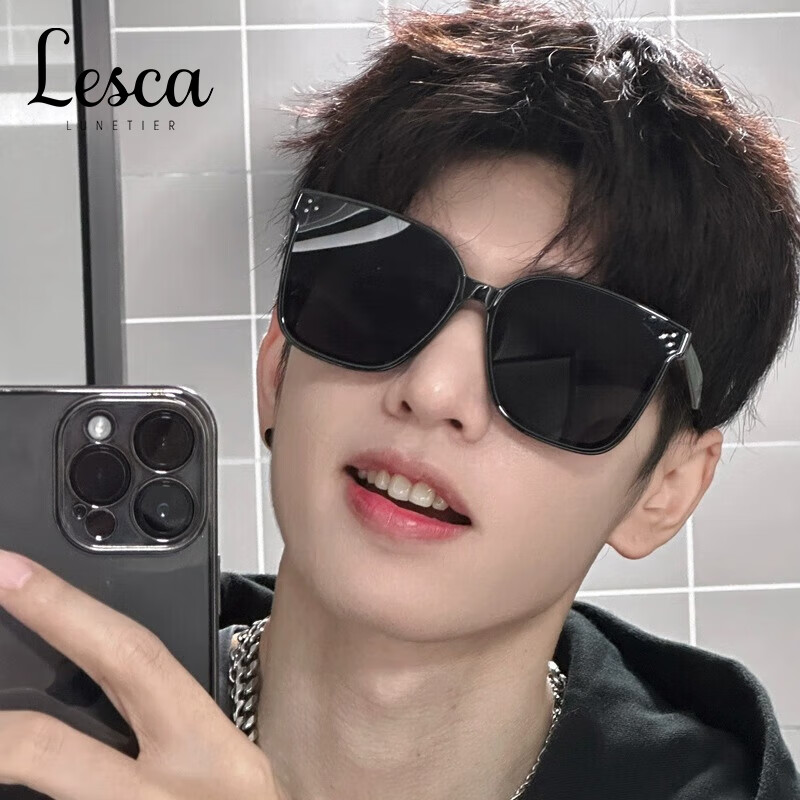 LESCA LUNETIERGM新潮网红墨镜高级时尚开车防紫外线 HE同款黑框