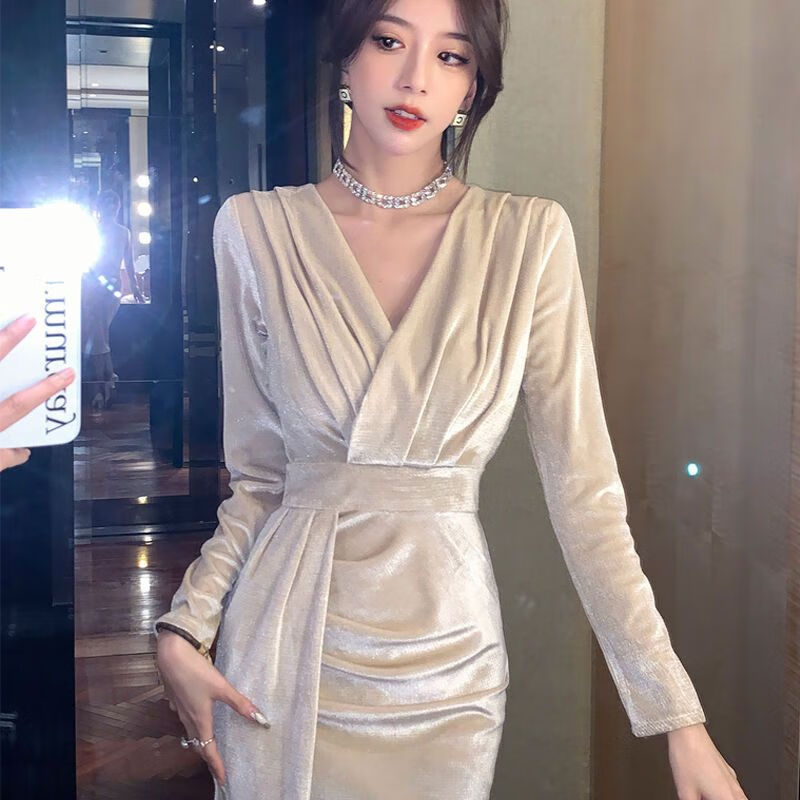 顿冉金丝绒连衣裙高级感小个子2023秋冬新款气质优雅收腰显瘦包臀年会