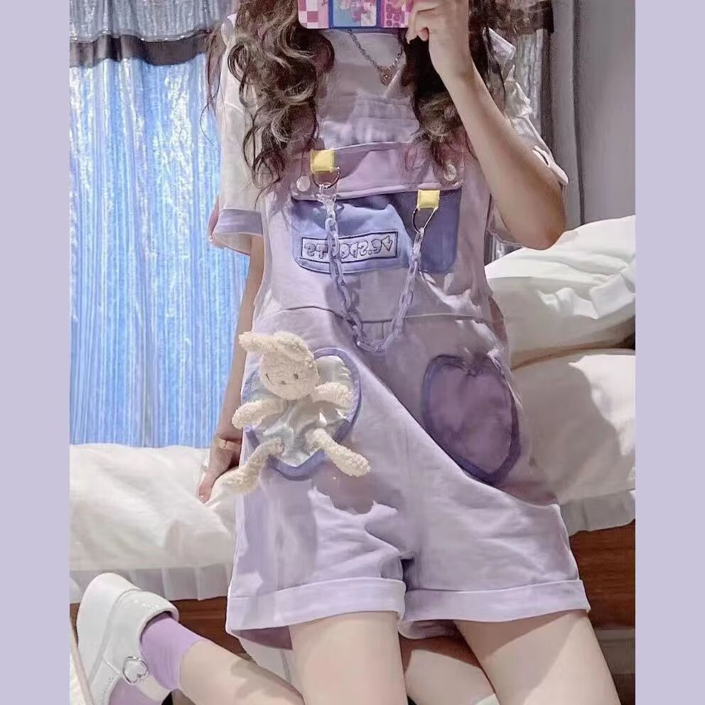 TNWKJLC大碼雪紡連衣裙修身顯瘦夏季套裝女學(xué)生韓版日系小眾設(shè)計(jì)感拼接紫 短袖+紫色背帶褲【套裝】 XS 建議85斤以下