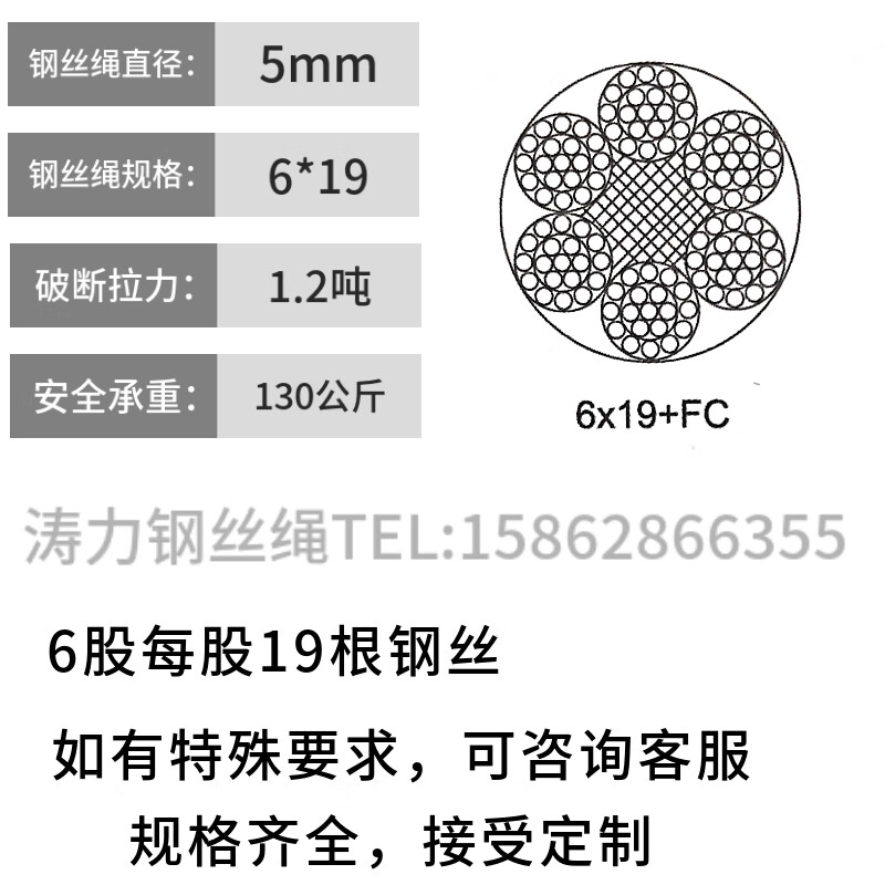 起重钢丝绳索道 6股麻芯5mm-32mm 国标黑色涂油 行车吊车耐磨专用 5mm