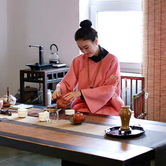 呢好酷茶服女禅服女秋冬佛系新中式中国风上衣禅意茶艺师工作服 粉色