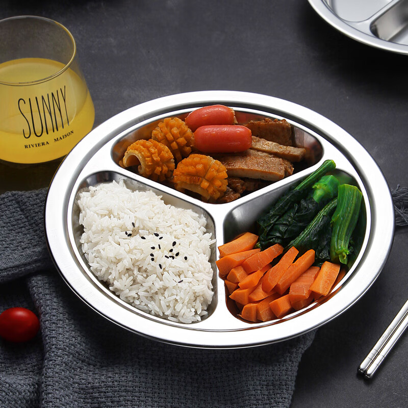 萝塑304不锈钢成人快餐盘食堂分餐盘学生分格不锈钢分隔饭盘儿童餐盘