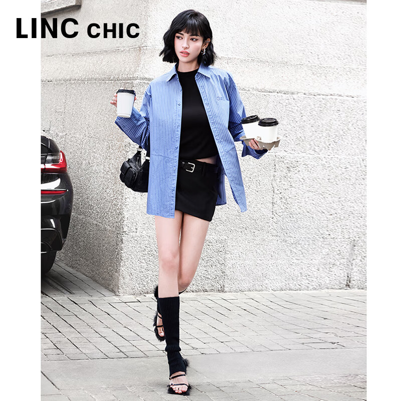 金羽杰2025年春季新品轻奢长袖竖条纹衬衫女士中长款宽松衬衣S251SH093Y 高街蓝条 L 适合150斤以下