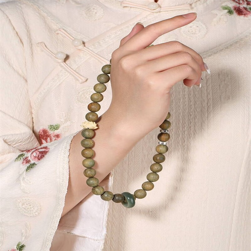 环配原创绿檀木莲花手串女森系学生檀香文玩佛珠情侣手链双圈盘玩手持