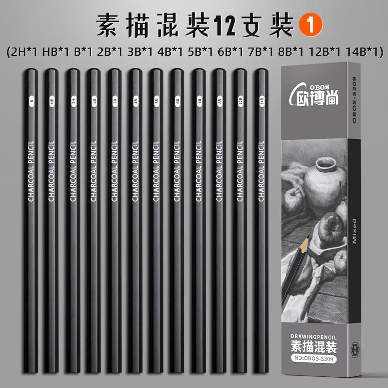 断芯特软中硬绘画hb炭粉绘图初学者碳 素描12支[2h/hb/b/2b/3b/4b/5b