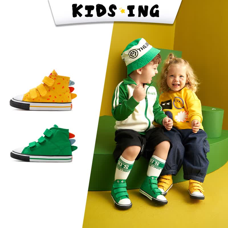 kids.ing【冬保暖】儿童高帮帆布鞋春秋新款卡通可爱小怪兽恐龙动漫3-6岁 绿色 25碼适合脚长14.2-14.9高性价比高么？