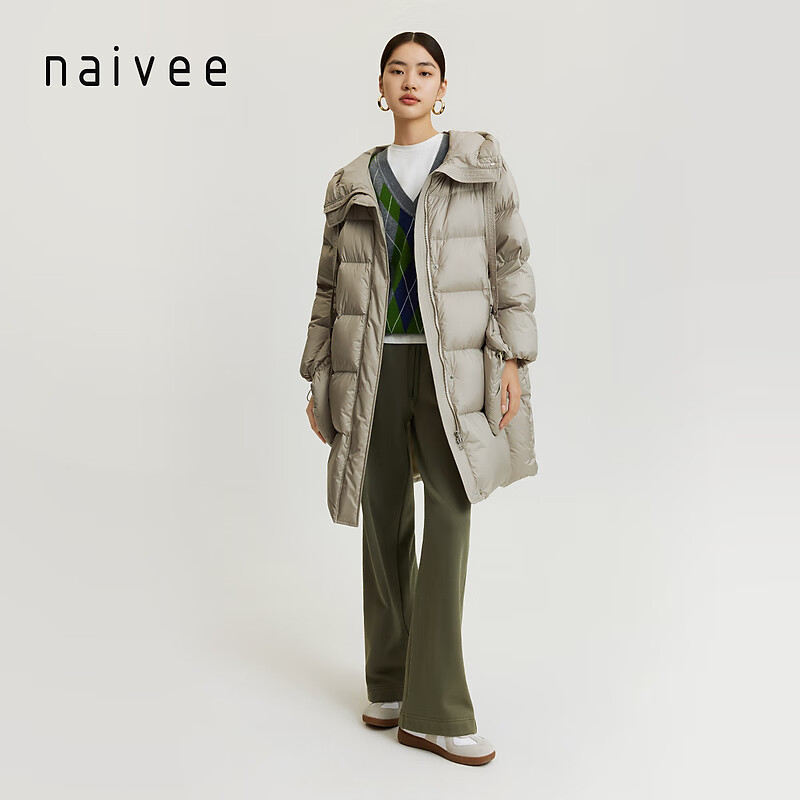 纳薇（naivee）23冬新款都市轻盈保暖趣味手套云朵泡芙连帽羽绒服外套 草木灰 160/84A/M