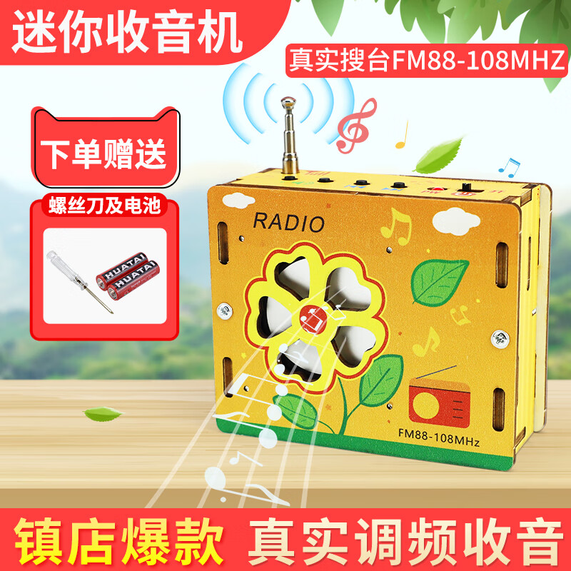 探梦科技小制作中小学生DIY录音机模型手工科学实验教具物理实验材料 涂鸦款-迷你收音机【下单送螺丝刀+电池】