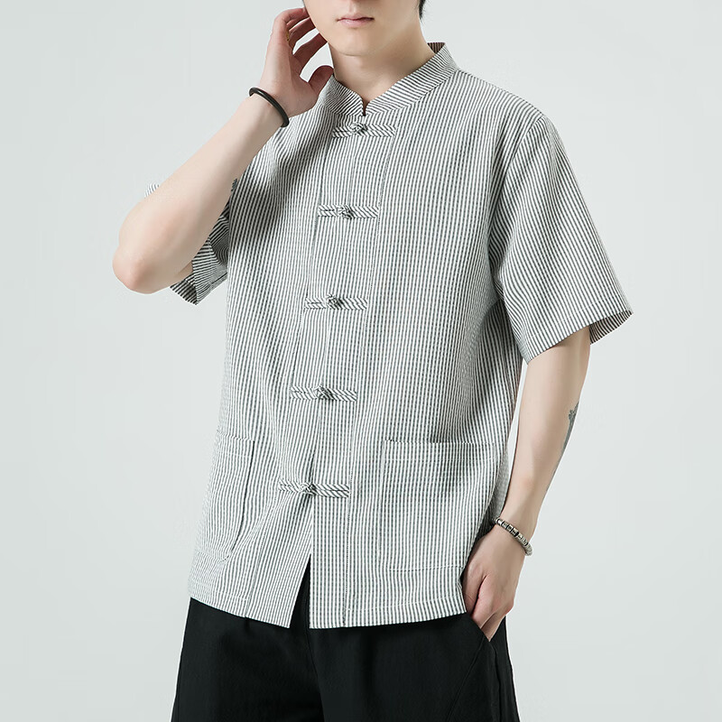 郡纬男士老粗布衣服中国风上衣男装居士服中式复唐装衬衫男短袖条纹衬