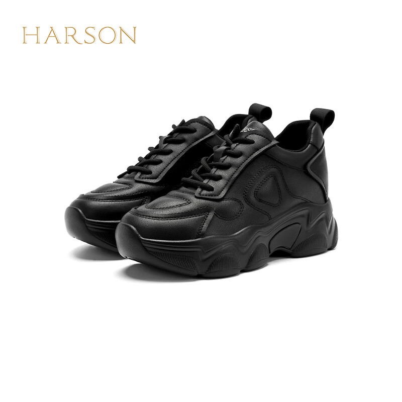 哈森女鞋专柜同款厚底增高休闲鞋四季运动鞋女鞋可选加绒HC242902 黑色 34