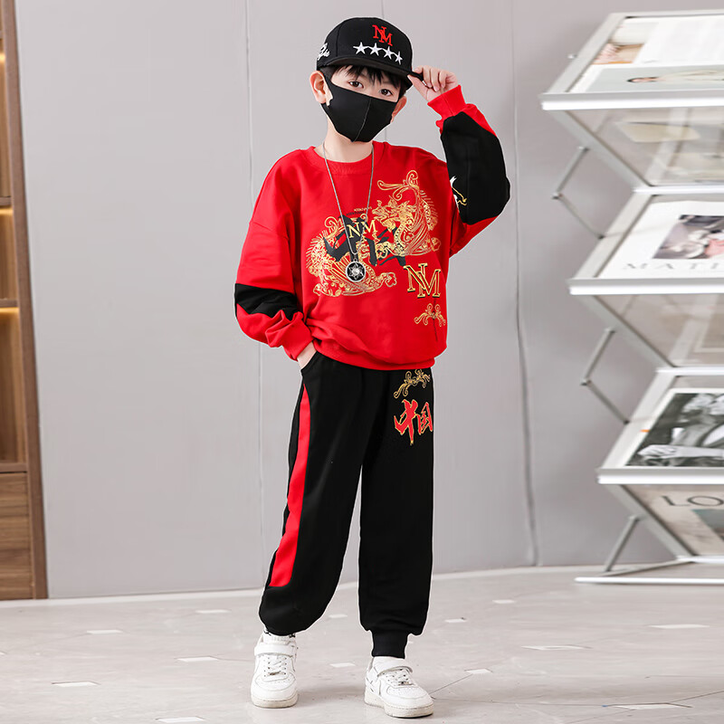 宇龙童话童装男童套装春秋装儿童中国风国潮红色男孩帅气运动秋款衣服 黑色春秋套装（衣服裤子） 170