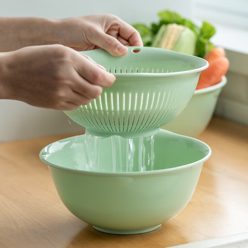 阿司倍鹭（ASVEL）日本进口沥水篮厨房洗菜篮子果蔬篮淘米器洗米沥水盆洗水果篮 绿色-大号-套装