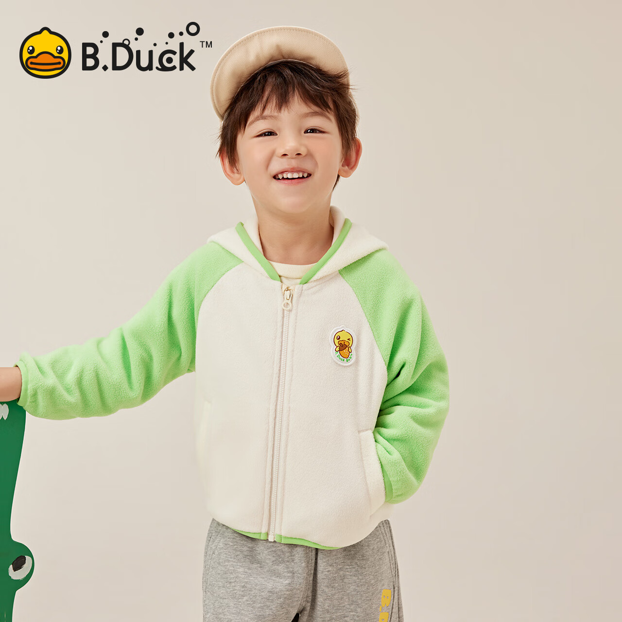 B.Duck小黄鸭童装儿童连帽外套保暖摇粒绒春秋男宝宝开衫 浅卡其 130 cm