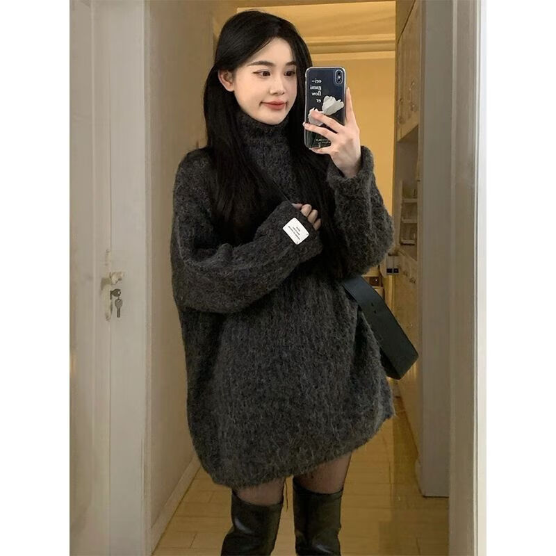 芙耳畔韩系慵懒风软糯高领中长款毛衣女秋冬季小个子感百搭宽松上衣