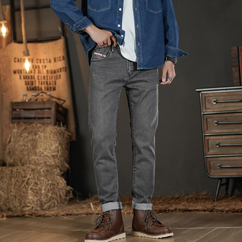 小魔鱼牛仔裤男修身小直筒弹力烟灰色百搭水洗年青小直脚春秋长裤