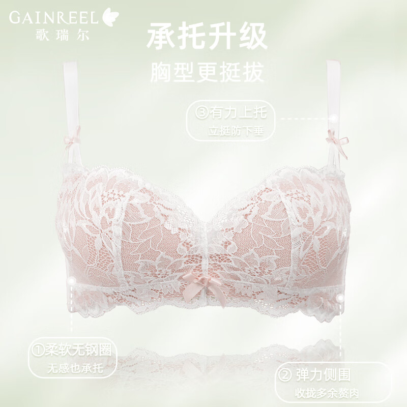 Gainreel歌瑞尔亲肤柔软蕾丝聚拢防下垂内衣女显大透气无钢圈软支撑侧收文胸罩 复古绿 220624A 85B