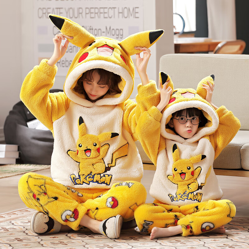萧淑妃冬季卡通法兰绒儿童睡衣加厚保暖珊瑚绒一家四口亲子家居服套装 皮卡丘 女童12码 100-120CM/48斤左右