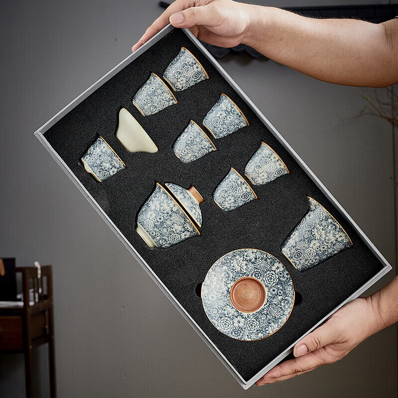 端匠汝窑繁花似锦茶具整套装日式功夫泡盖碗红绿茶家用办公高档送礼盒 万花复古汝窑茶具套装-礼盒装