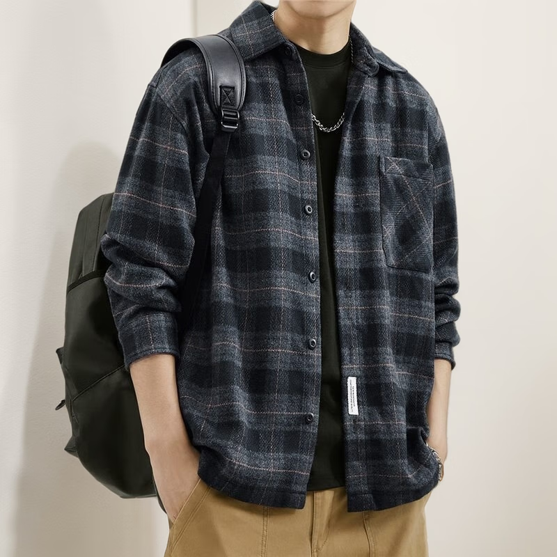 邦约恋人磨毛格子衬衣宽松休闲风青年上衣大码长袖衬衫美式重磅春夏外套男 灰色 Z956 L 建议126-140斤