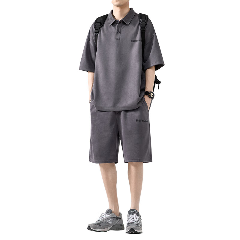 列迅衬衫领短袖polo衫男生酷帅穿搭夏季短裤两件套搭配一套运动套装男 13深灰 M