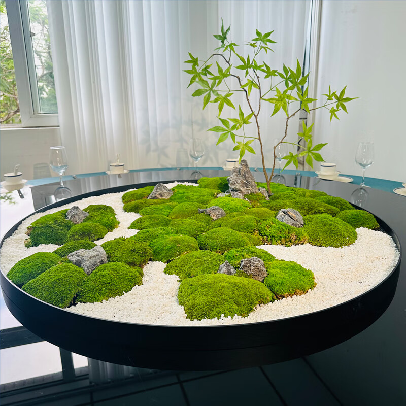 新中式酒店餐厅餐桌花艺圆桌中间转盘摆件装饰永生苔藓造景微景观圆 