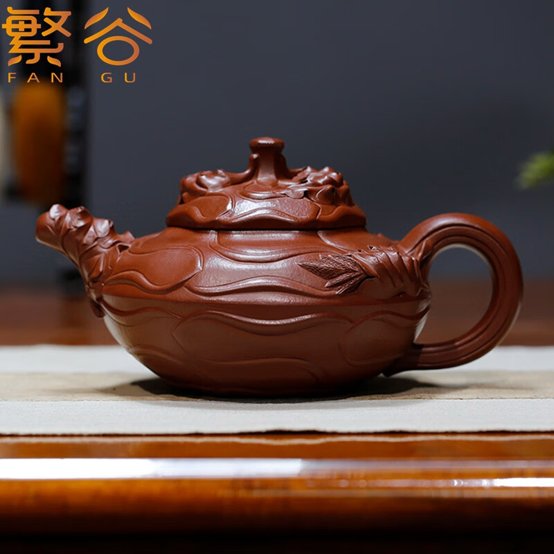 繁谷 宜兴紫砂壶名家严伟纯全手工原矿大红袍凤卷葵壶家用功夫泡茶壶