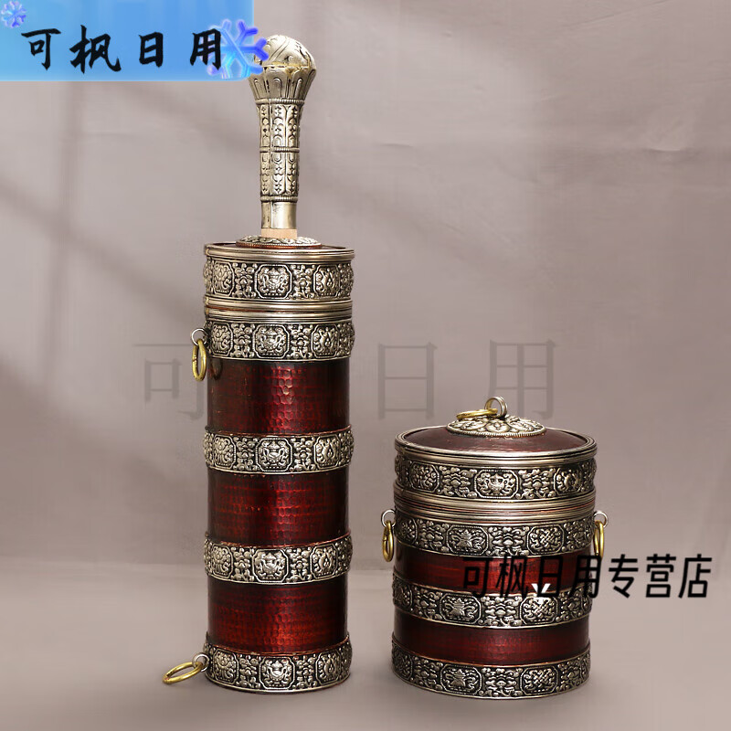 雅豪颖红铜酥油茶打茶桶组合实木擂茶棒尼泊尔款手工藏式民族糌粑盒