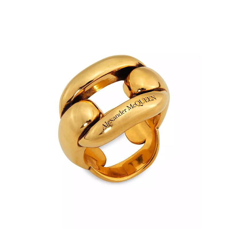 亚历山大麦昆(alexander mcqueen)新款女士复古金色雕刻logo链环戒指