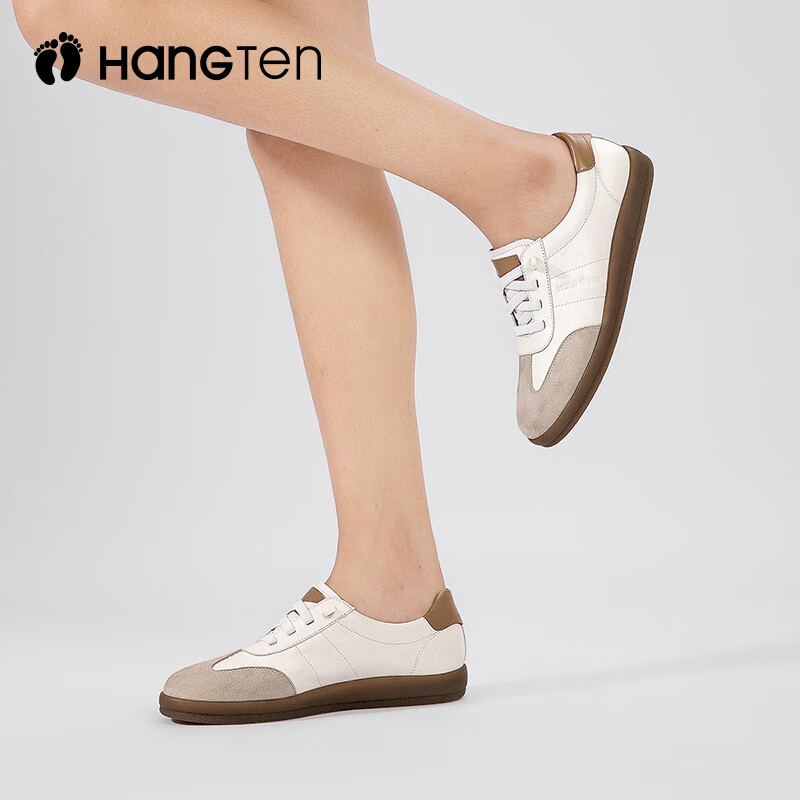 欢腾(HANG TEN)休闲运动鞋女复古潮流时尚百搭板鞋女防滑耐磨平底德训女鞋 米白棕(皮鞋码) 39