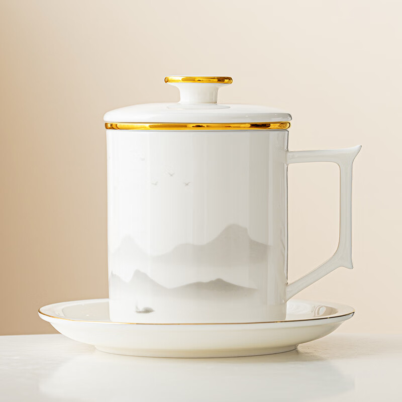 匠仙 羊脂玉瓷茶杯德化白瓷办公功夫茶具茶水分离个人专用教师礼物 远山水杯带碟-描金(简装) 京东折扣/优惠券