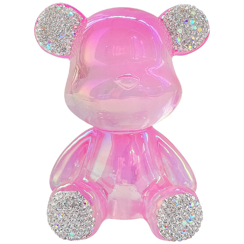 新款创意透明树脂彩色电镀小熊镶钻可爱暴力熊汽车客厅装饰摆件潮 紫粉色 7cm