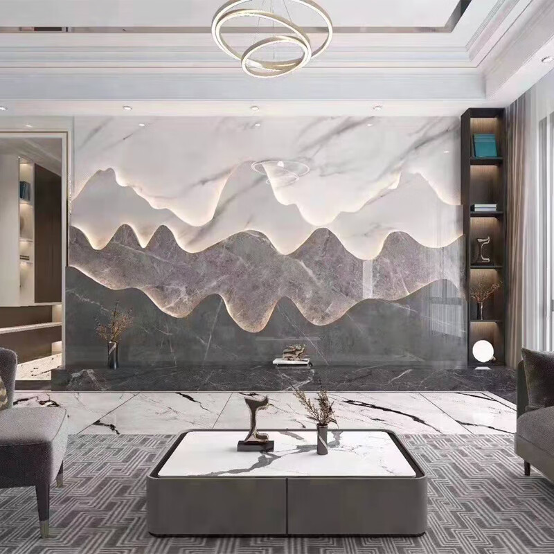 叠层石材水刀定制大板背景墙岩板沙发公司酒店大厅前台形象墙造型 a1