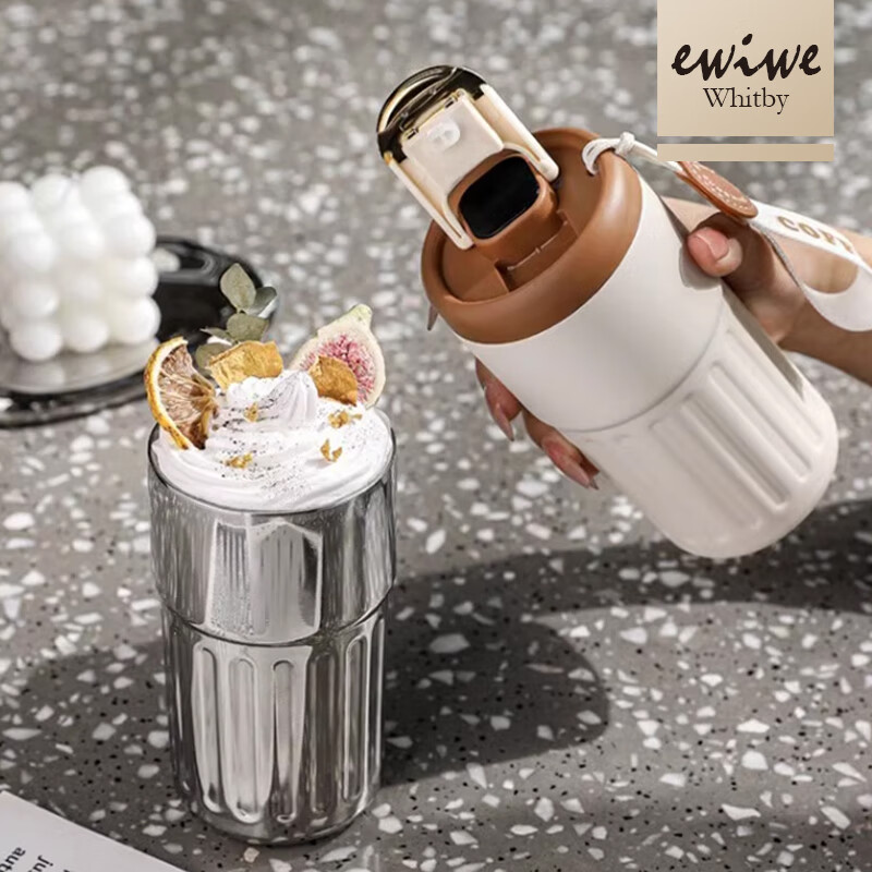 EWIWE复古智能显温咖啡杯一键推盖质感咖啡杯带提绳不锈钢材质办公室杯 咖白配色/约430ml