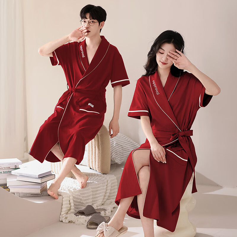 莫代尔睡袍女士夏季纯棉短袖情侣睡衣2025新款男士大码长款浴袍家居服 KL24173情侣 M 女+男3XL