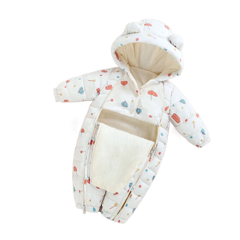 貝肽斯嬰兒衣服寶寶連體衣冬季保暖外出棉服加絨加厚夾棉連帽哈衣 白色蒲公英 80cm