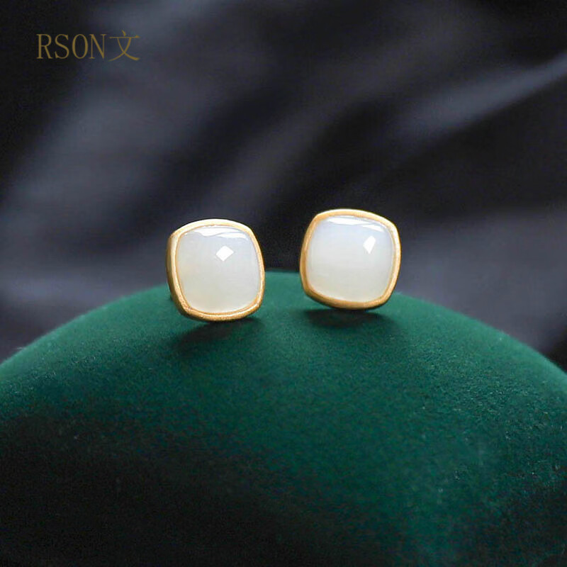 rson冰影天然和田玉白玉耳钉女玉石耳环银耳饰方糖小众送妈妈 冰影