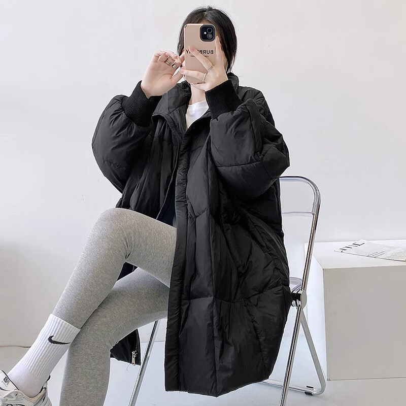 语伊羽绒服女学生韩版宽松蝙蝠袖2023年新款中长款 黑色 s90-130斤
