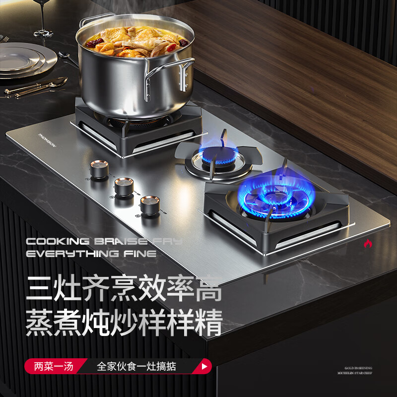 THOMSON法国汤姆逊 燃气灶天然气三眼燃气灶不锈钢煤气灶家用节能防干烧猛火灶大尺寸白色定时三头灶具 【天然气】铜火盖+加厚不锈钢R05
