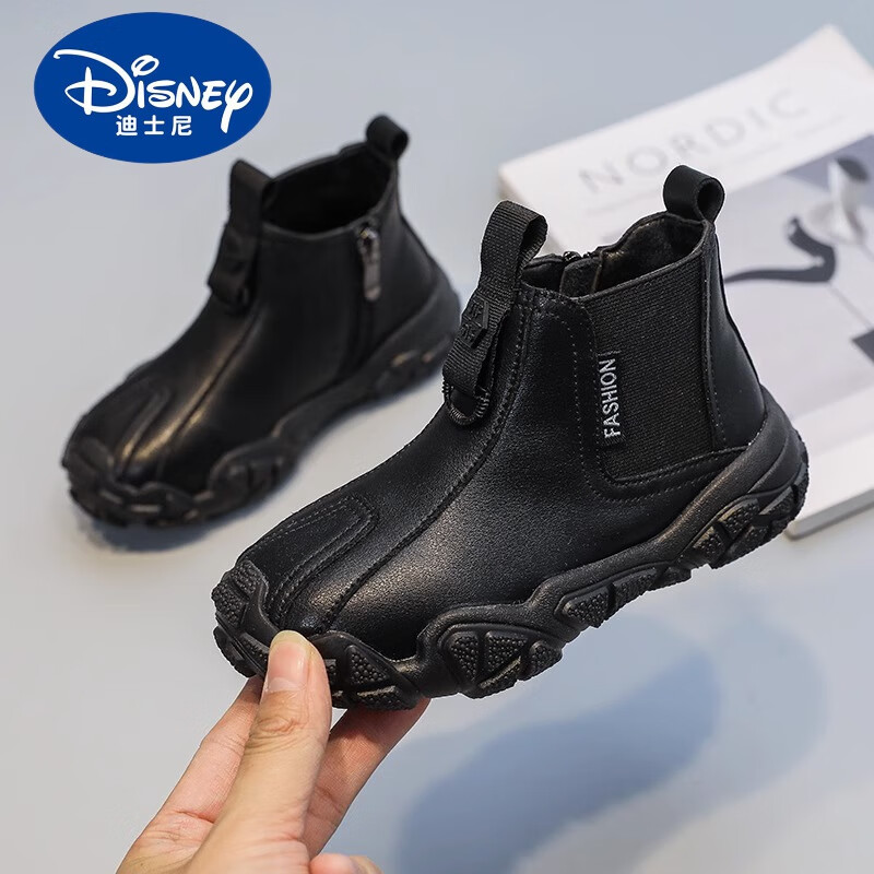 迪士尼（Disney）男童马丁靴英伦风2023新款儿童短靴秋款男孩鞋子皮鞋加绒皮靴 黑色 26码内长16.2cm