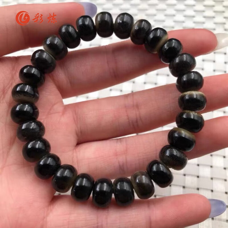 彩炼天然黑驴蹄子满纹老型珠单圈手串手链 12*8 12mm