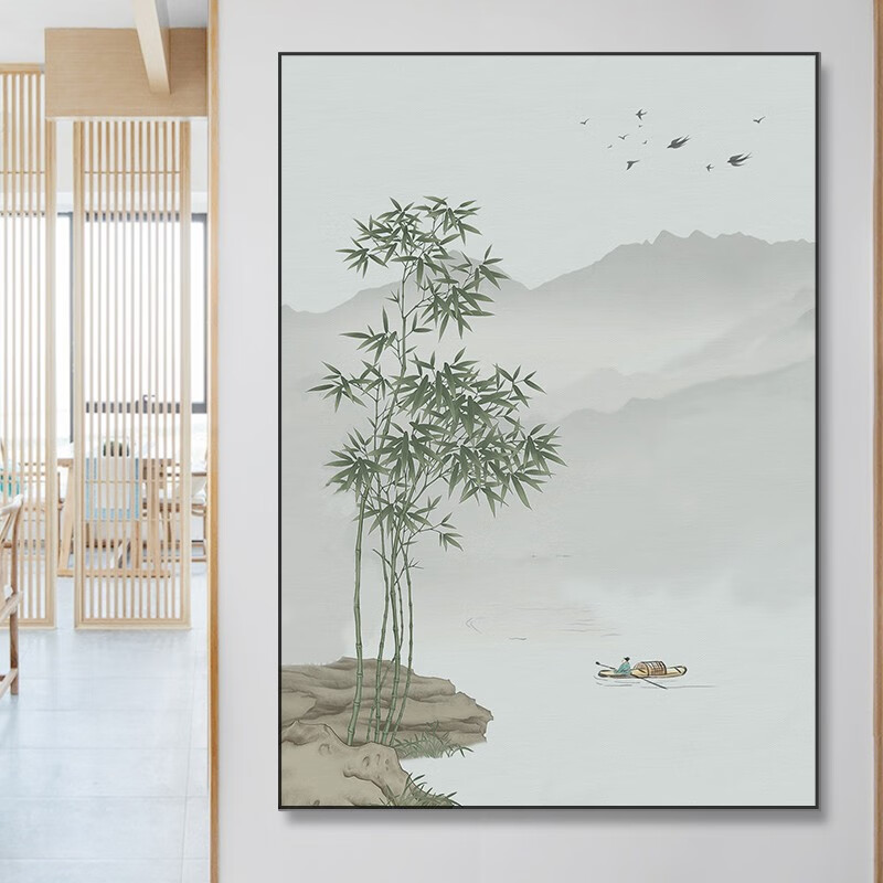 禅意山水画纯手绘油画客厅背景墙装饰画入户玄关茶室挂画 一叶孤舟