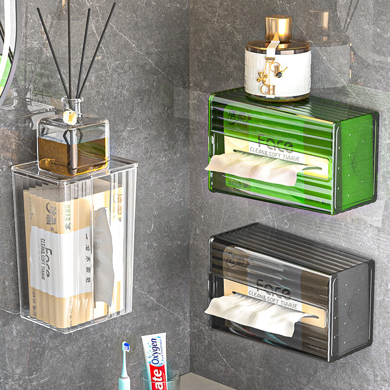 【直发】纸巾盒壁挂式免打孔抽纸盒卫生间厕所防水洗脸巾轻奢收纳 透灰 带盖