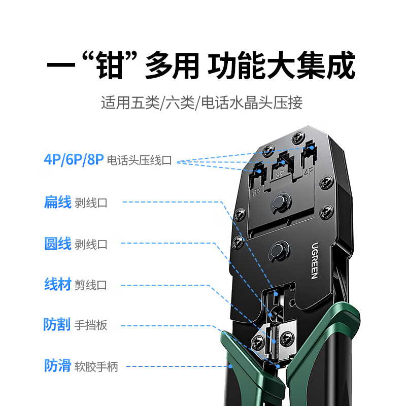 绿联（UGREEN）网线钳 网线网络电话线水晶压线钳 4P/6P/8P三用多功能省力剥剪线钳 压接水晶头工具 35971