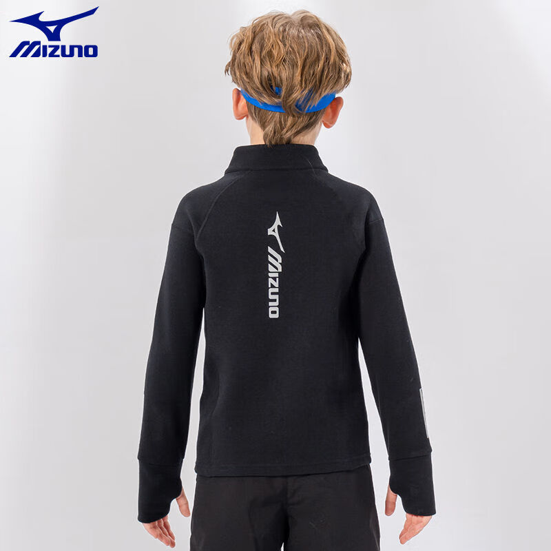美津浓（MIZUNO）/Mizuno儿童春秋运动休闲立领长袖T恤男女童透气户外上衣 黑色 140 (建议身高135-145cm)
