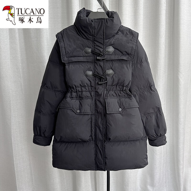啄木鸟官方鸭绒羽绒服新款中长款牛角扣小个子韩版收腰显瘦休闲外套