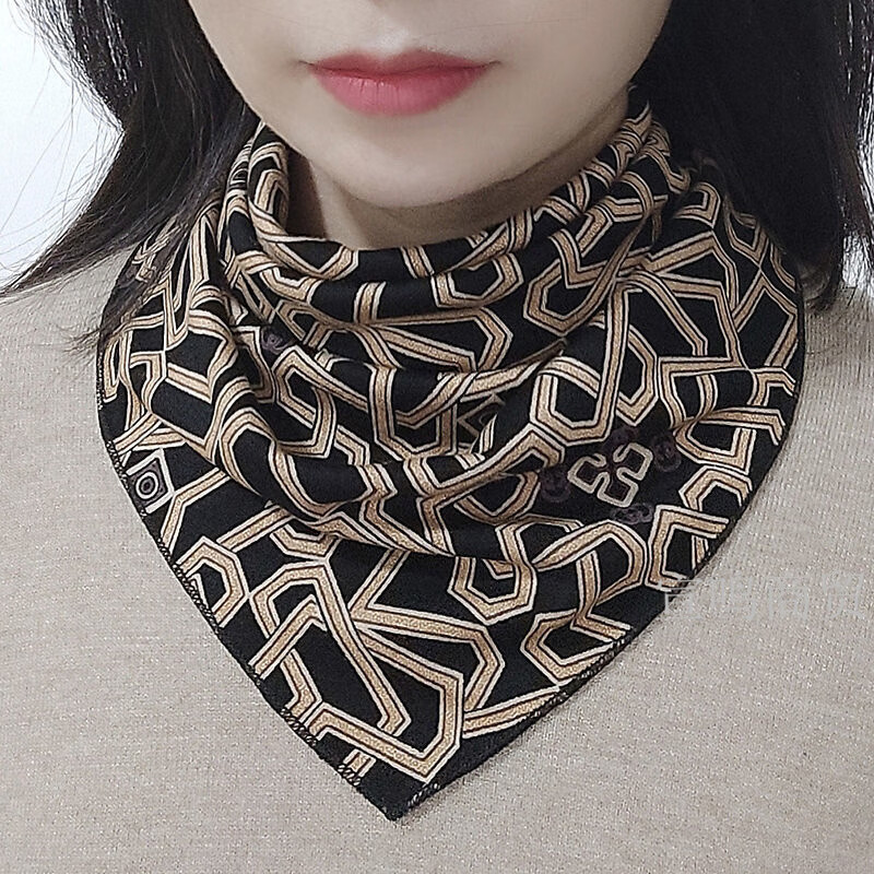 HACNSKD围脖 护颈女士秋冬季薄款三角围巾百搭保暖时尚假领子成人按摁扣 花开富贵 + 几何条纹